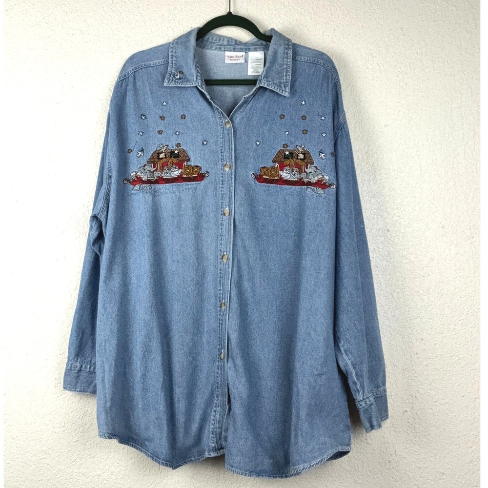 Bobbie Brooks Blue Denim Shirt -‎ 22W/24W - Noahs Ark Vintage Religious Top